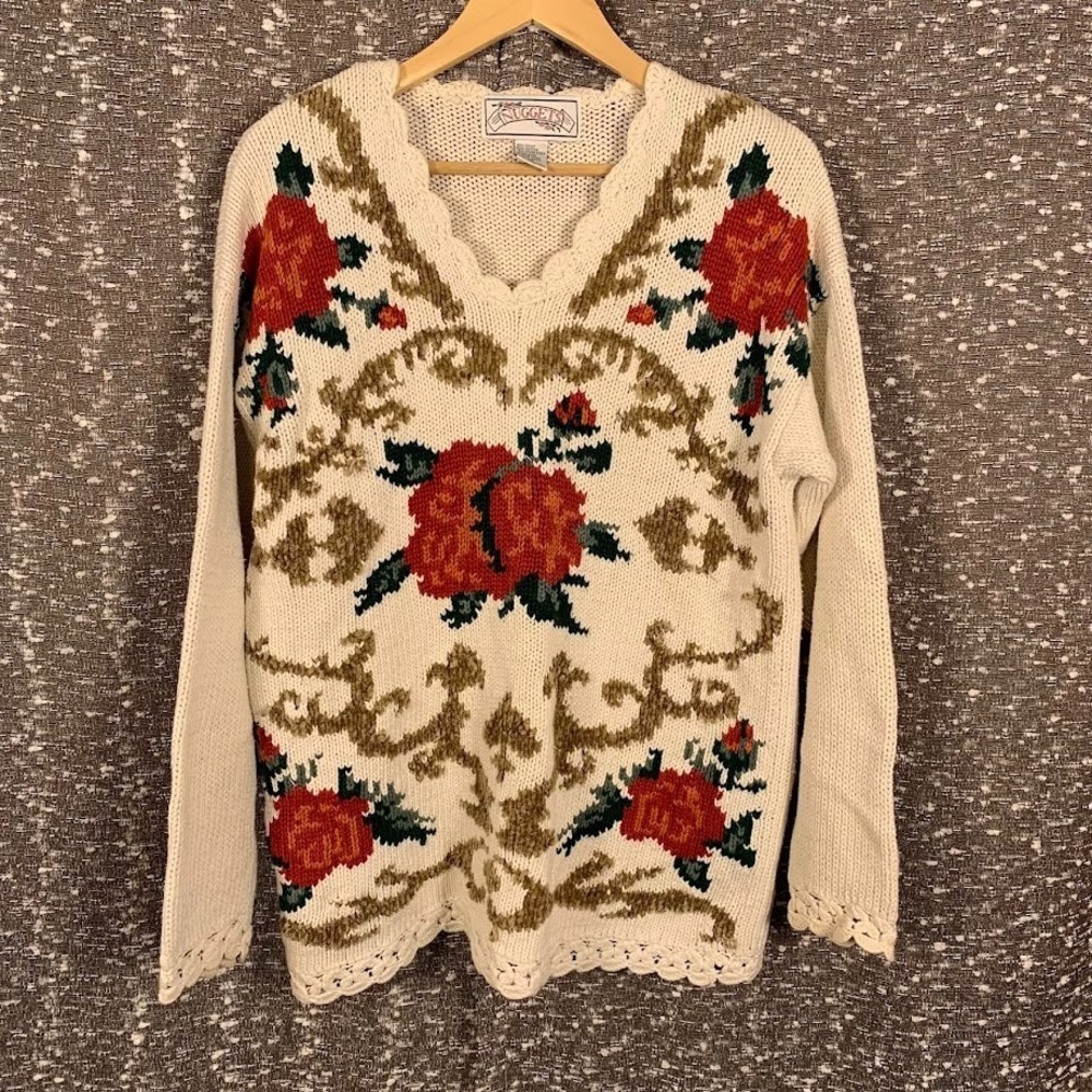 Vintage Nuggets Floral Knit Pullover‎ Sweater Cottagecore Women's Medium